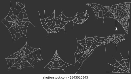 Spiderweb corner line white border, gothic scary hanging net frame on dark background. Simple spooky halloween decoration. Cobweb spider trap.