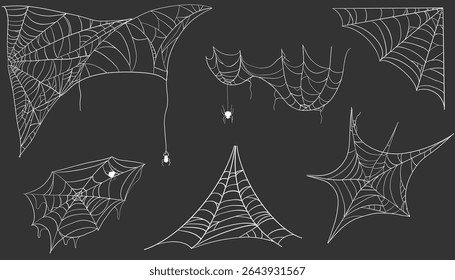 Spiderweb corner line white border, gothic scary hanging net frame on dark background. Simple spooky halloween decoration. Cobweb spider trap.