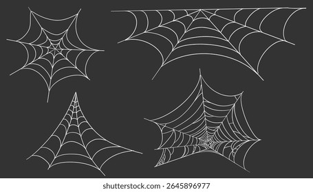 Spiderweb corner line white border, gothic scary hanging net frame on dark background. Simple spooky halloween decoration. Cobweb spider trap.