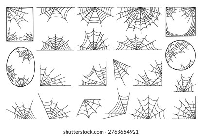 Spiderweb decorations. Halloween spooky elements, decorative doodle art corners and frames, dividers. Seasonal messy webs, black neoteric vector clipart