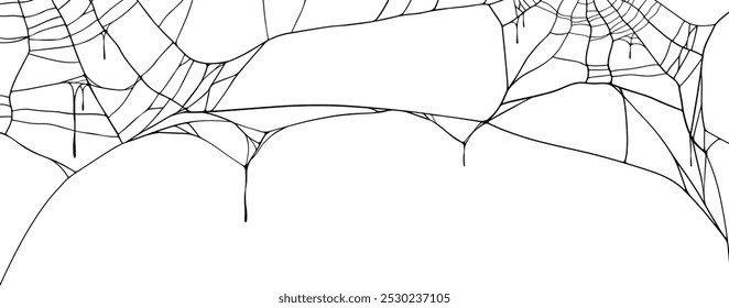 Spiderweb Decorative design for Corner placement, banner and Halloween Frame, hand drawn Vector illustration on white Background with Drops of Autumn dew and copy space