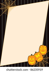 Spiderweb frame with carved Jack O' Lantern pumpkins designed as a background for Halloween.