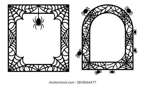 Spiderweb frames with hanging spider and crawling insects black silhouette spiderwebs web webs arachnid arachnids spiders
