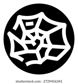 Spiderweb icon featuring white web lines on a solid black circular background, symbolizing halloween, fear, danger, and mystery in a simple, graphic illustration