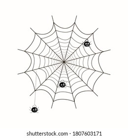 The spiderweb icon with funny cartoon spiders. Web symbol. Flat Vector illustration. Element design for Halloween, postcard, app,poster, kids, card, banner