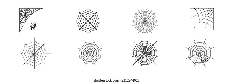 Spiderweb Icon Set. Halloween Design. Concept Of Horror. Spooky. Web, Cobweb, Signs. Gothic, Tattoo, Trap Symbol. Vector Illustration. 