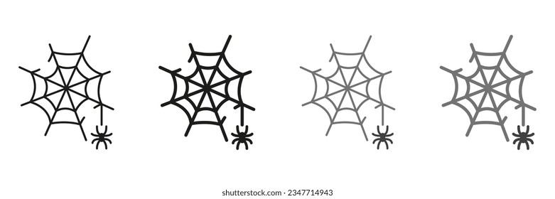 Spiderweb Line and Silhouette Icon Set. Spooky Spider Web, Halloween Decoration Pictogram. Fear Cobweb Trap with Spider on Thread Symbol Collection. Isolated Vector Illustration.