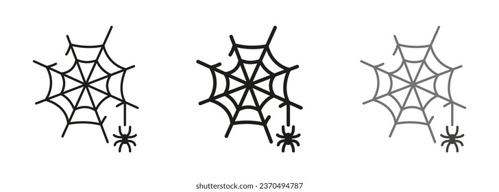 Spiderweb Line and Silhouette Icon Set. Spooky Spider Web, Halloween Decoration Pictogram. Fear Cobweb Trap with Spider on Thread Symbol Collection. Isolated Vector Illustration.