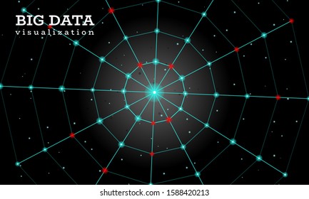 A spiderweb made from technological lines. Big data innovation technology. Blockchain network analysis. Ai tech futuristic wireframe. Artificial intelligence. Vector illustration on black background