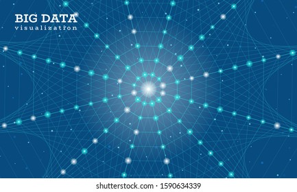 A spiderweb made from technological lines. Big data innovation technology. Blockchain network analysis. Ai tech futuristic wireframe. Artificial intelligence. Vector illustration on blue background