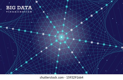 A spiderweb made from technological lines. Big data innovation technology. Blockchain network analysis. Ai tech futuristic wireframe. Vector illustration on dark blue background