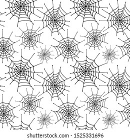 Spiderweb pattern. Black hand drawn spiderwebs on a white background. Seamless vector backdrop.