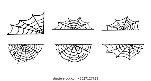 Spiderweb set. Cobweb, Spiderweb icons collection. Black mesh patterns with halloween party ornament. Sticky trap of intertwining dangerous vector lines ilustration