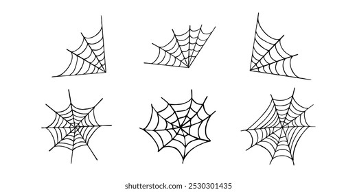 Spiderweb set. Cobweb, Spiderweb icons collection. Black mesh patterns with halloween party ornament. Sticky trap of intertwining dangerous vector lines ilustration