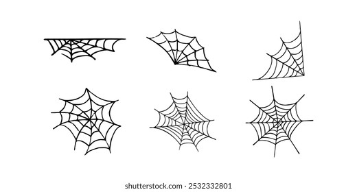 Spiderweb set. Cobweb, Spiderweb icons collection. Black mesh patterns with halloween party ornament. Sticky trap of intertwining dangerous vector lines ilustration