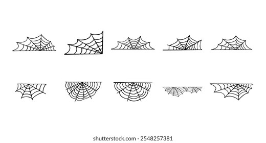 Spiderweb set. Cobweb, Spiderweb icons collection. Black mesh patterns with halloween party ornament. Sticky trap of intertwining dangerous vector lines ilustration