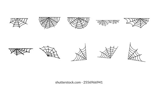 Spiderweb set. Cobweb, Spiderweb icons collection. Black mesh patterns with halloween party ornament. Sticky trap of intertwining dangerous vector lines ilustration