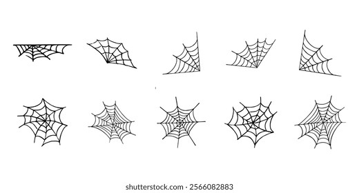 Spiderweb set. Cobweb, Spiderweb icons collection. Black mesh patterns with halloween party ornament. Sticky trap of intertwining dangerous vector lines ilustration