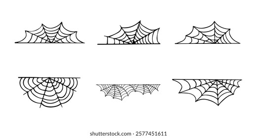 Spiderweb set. Cobweb, Spiderweb icons collection. Black mesh patterns with halloween party ornament. Sticky trap of intertwining dangerous vector lines ilustration