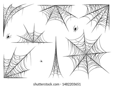 Spiderweb set, isolated on black transparent background. Cobweb for halloween, spooky, scary, horror decor with spiders.