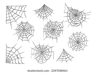 Spiderweb simple black silhouette icon set for Halloween isolated on white background. Flat style spiderweb or cobweb net symbol vector illustration. Graphic design element.