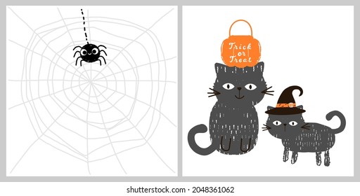 Spiderweb, spider cartoon, cat cartoons, witch hat and pumpkin bucket icons isolated on white backgrounds vector illustration.