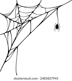 Spiderweb with spider, for corner placement, vector illustration, black on transparent background