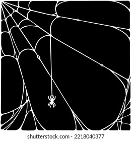 Spiderweb with spider doodle outline Vector Illustration white on black background. Halloween design