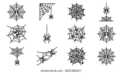 Spiderweb and spider insect line art icon collection.