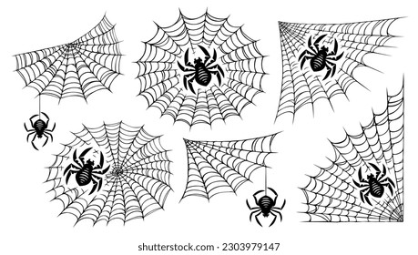 Spiderweb, spider set. Black mesh patterns with halloween party ornament. Vector illustration