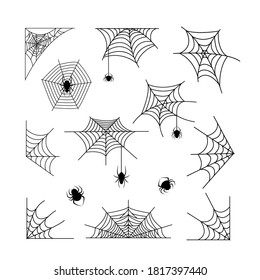 Spiderweb with spiders insect set vector illustration isolated on white background.  Halloween decoration design elements.