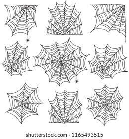 Spiderweb. Spooky cobweb and web corners with spider. Halloween vector icons isolated on white background. Spooky corner for halloween, scary spider silhouette illustration