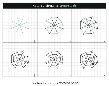 Spiderweb step by step vector line drawing instructions