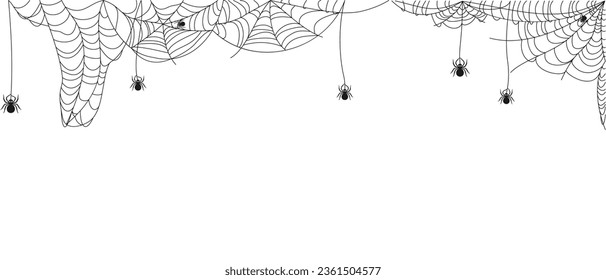 Spiderweb template with spiders for Halloween banner design. Abstract texture of insect traps. Isolated graphic template. Vector illustration.