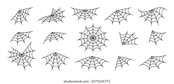 Spiderweb tracery varieties set. Sticky black mesh pattern with halloween party ornament. Horror trap of intertwining dangerous vector lines