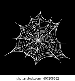 Spiderweb, trap. Vector illustration, isolated. Web for Halloween. Line drawing with mascara, handmade. Element for Gothic tattoo design. Decorative print for clothes, t-shirts. 