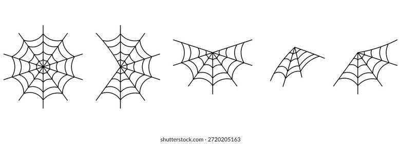 Conjunto de ícones das variedades da teia aranha - padrões de malha de teia de cobre preta e coleção de vetor de silhuetas de ornamentos de Halloween	