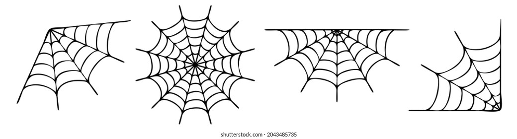 Spiderweb varieties set. Black mesh patterns with halloween party ornament. Sticky trap of intertwining dangerous vector lines