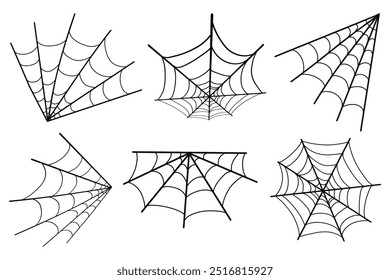 Variedades de teia de aranha definidas para o Halloween. Teia de aranha de Halloween, quadros e bordas. Ilustrações desenhadas à mão. Ícones