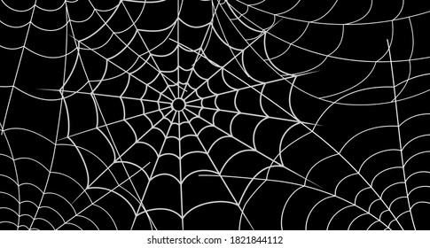 Spiderweb vector background. Isolated white cobweb on the black backgrop. Line art decor for Halloween design