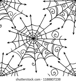 Spiderweb vector Halloween seamless pattern in black and white. Design background for party poster. Hand drawn cartoon illustration.