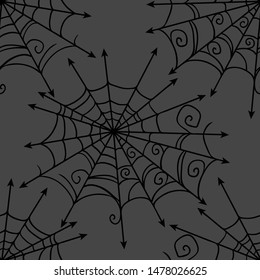 Spiderweb vector Halloween seamless pattern. Design background for party poster. Hand drawn cartoon illustration. Objects isolated over grey.