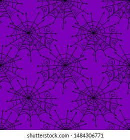 Spiderweb vector Halloween seamless pattern. Design background for party poster. Hand drawn cartoon illustration in black over purple.