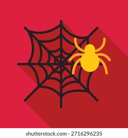 Teia de aranha com aranha amarela sobre fundo vermelho, criando atmosfera de halloween assustador 