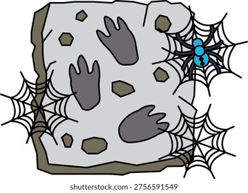 Spiderwebs cling to a rough, hand-printed stone surface. Handprints and hexagons decorate the weathered stone. Three distinct spiderwebs frame the scene
