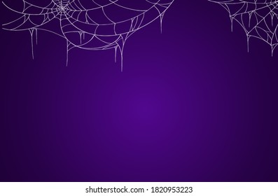 Spiderwebs hanging on purple background, halloween banner isolated on night background texture, vector illustration.