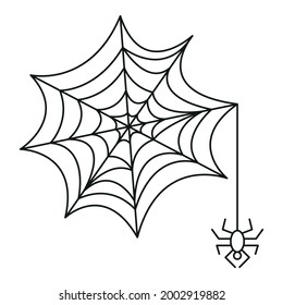 Spideweb linear icon. Halloween line art. Isolated black net with spider on white background. Web with spider logo for your halloween cards. 