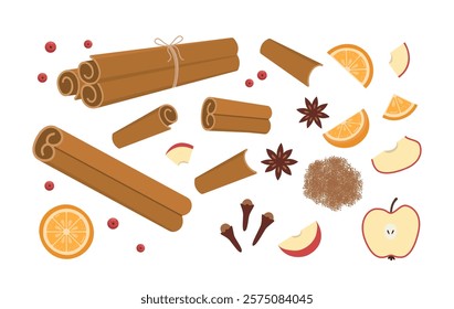 Spies for Bakery, Pie, Hot Drinks, Mulled Wine. Cinnamon Sticks, Star Anise, Apple and Orange Slices, Berries, Clove Spice. 