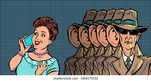 Spies eavesdropping a telephone conversation women. Comic cartoon pop art retro illustration drawing