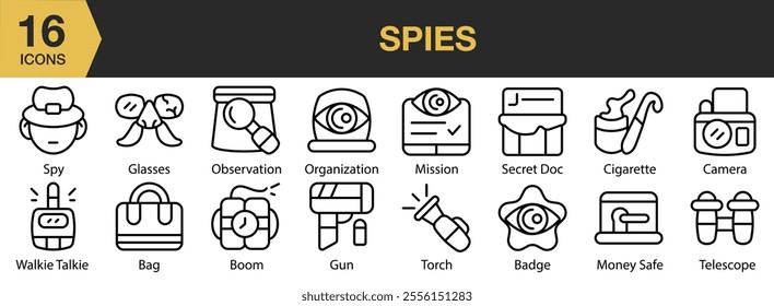 Spies icon set. Includes misson, gun, organization, camera, telescope, badge, and More. Outline icons vector collection.